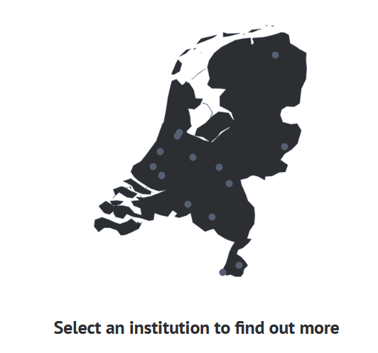 Kaart van Nederland met alle door Academic Complicity onderzochte academische instellingen