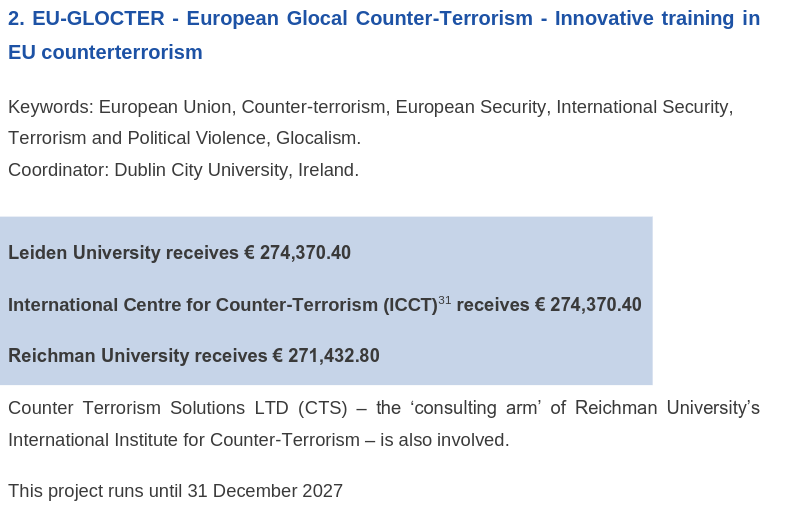 Screenshot uit rapport Tactical Media over RULover betrokkenheid bij project over counter terrorisme met Israelische prive universiteit