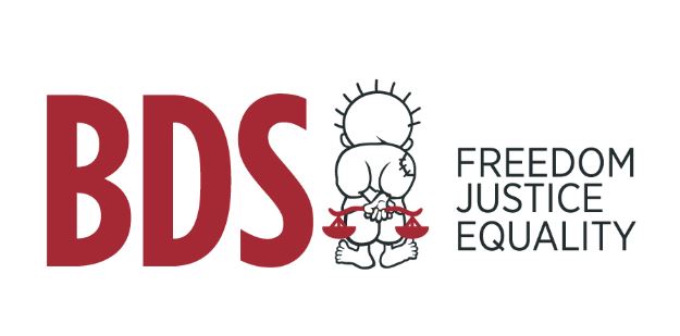 BDS logo met Handala met een weegschaal achter zijn rug en de woorden Freedom Justice Equality