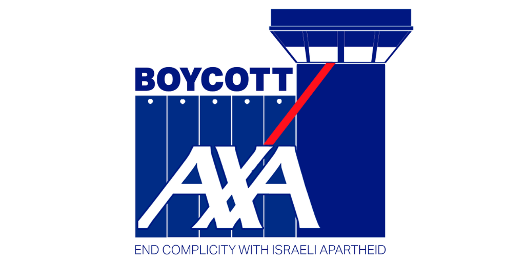 Tekening van de Israelische apartheidsmuur met rechts een wachttoren en de tekst Boycott AXA. Activisten dwingen AXA tot vertrek uit Isreal