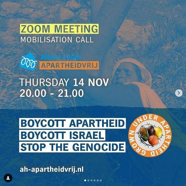 Op 14 november van 20 tot 21 uur een zoom call zijn voor wie wil meedoen met een AH Apartheidvrij actie