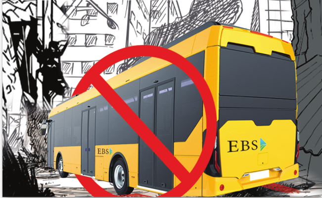 TEkening van gele EBS bus met rood verbodsteken eroverheen