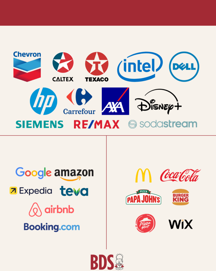 BDS is een strategische beweging die met gerichte boycots Israel ten val wil brengen. Dit is een lijst van te boycotten merken: Chevron. Texaco, Caltex, Intel, Dell, HP, Carrefour, Axa, DIsney+, Google, Amazon, teva, Booking.com, Coca Cola, Burger King, McDonald's, Wix, Sodastream.