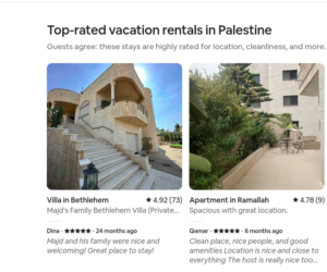 Foto van twee aangeboden huizen in respectievelijk Bethlehem en Ramallah,. op Airbnb.