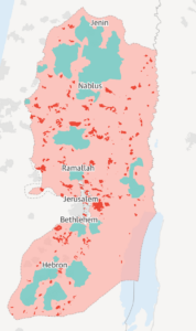 Kaart van de bezette Westelijke Jordaanoever met groen voor de Palestijnse kampen en steden, rood voor de illegale bezetterssteden eromheen